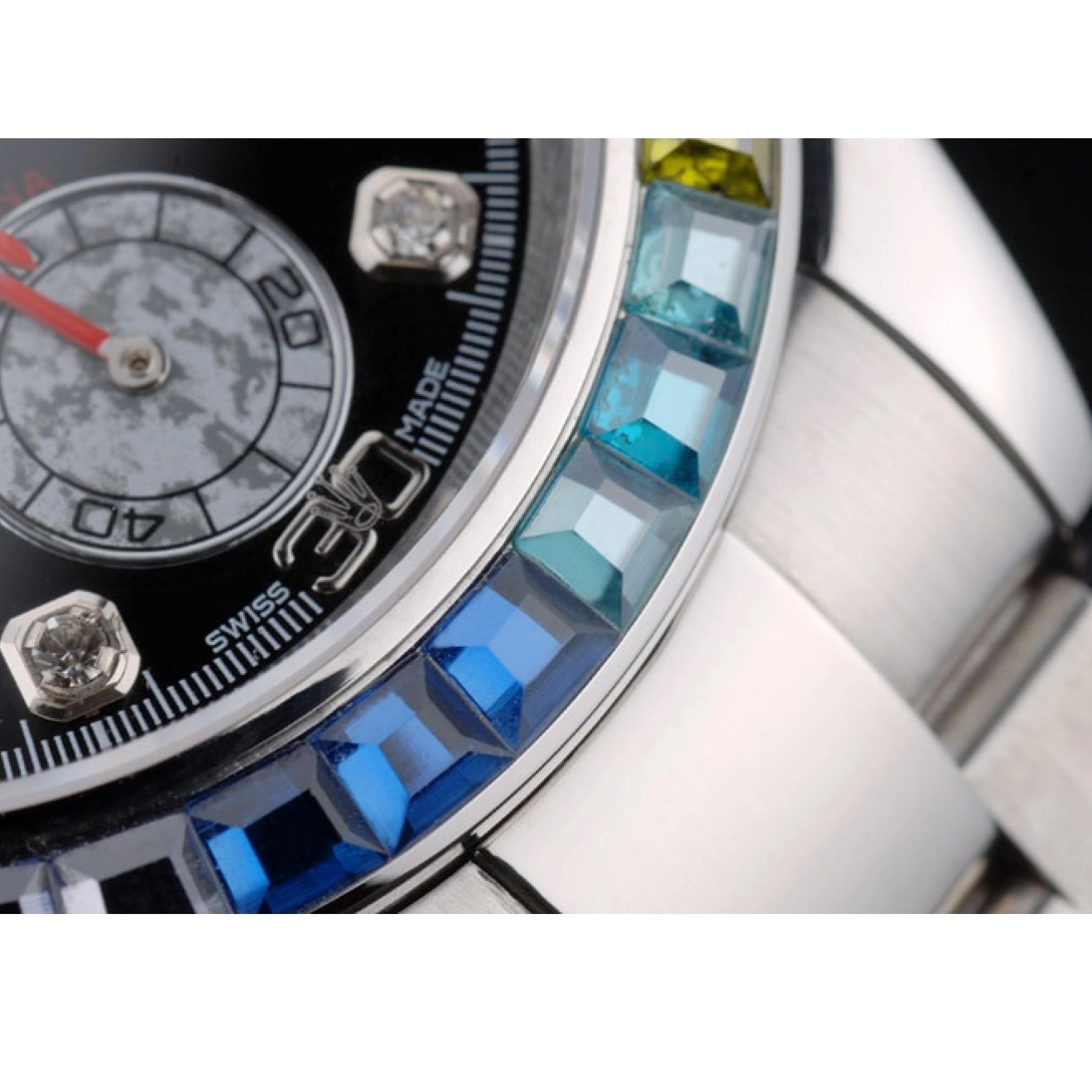AAA Replica Watches Rainbow Rolex Strap Steep Dial 80250 Daytona Black Cosmograph Stainless Crystals Bezel 0728